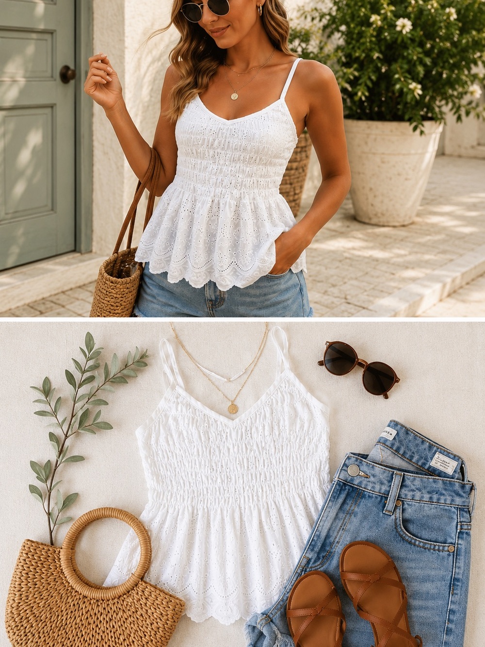 URBAN Romantics White Smocked Eyelet Peplum Cami Tank